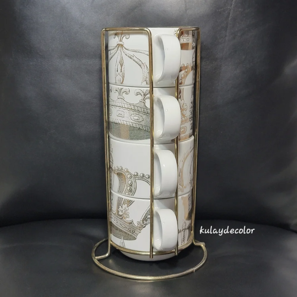 Pier 1 Imports Gold Crown Print Stacking Mugs Set w/ Gold Metal Rack Coffee Cups